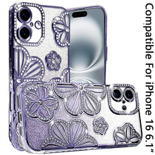 For iPhone 16 6.1inch Case Bling Floral 3D Glitter Phone Cover + Tempered Glass