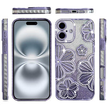 For iPhone 16 6.1inch Case Bling Floral 3D Glitter Phone Cover + Tempered Glass