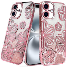 For iPhone 16 6.1inch Case Bling Floral 3D Glitter Phone Cover + Tempered Glass