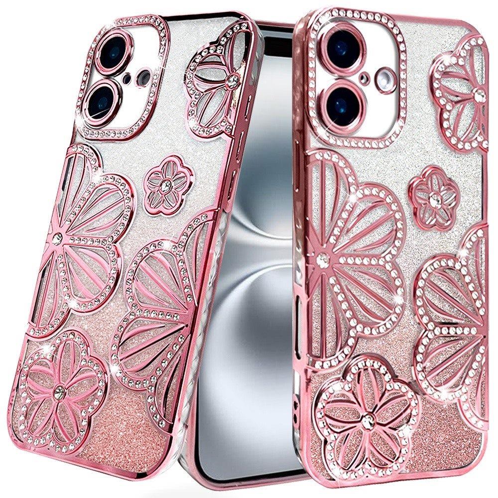 For iPhone 16 6.1inch Case Bling Floral 3D Glitter Phone Cover + Tempered Glass