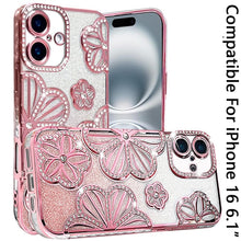 For iPhone 16 6.1inch Case Bling Floral 3D Glitter Phone Cover + Tempered Glass