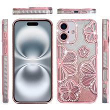 For iPhone 16 6.1inch Case Bling Floral 3D Glitter Phone Cover + Tempered Glass