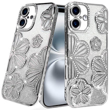 For iPhone 16 6.1inch Case Bling Floral 3D Glitter Phone Cover + Tempered Glass