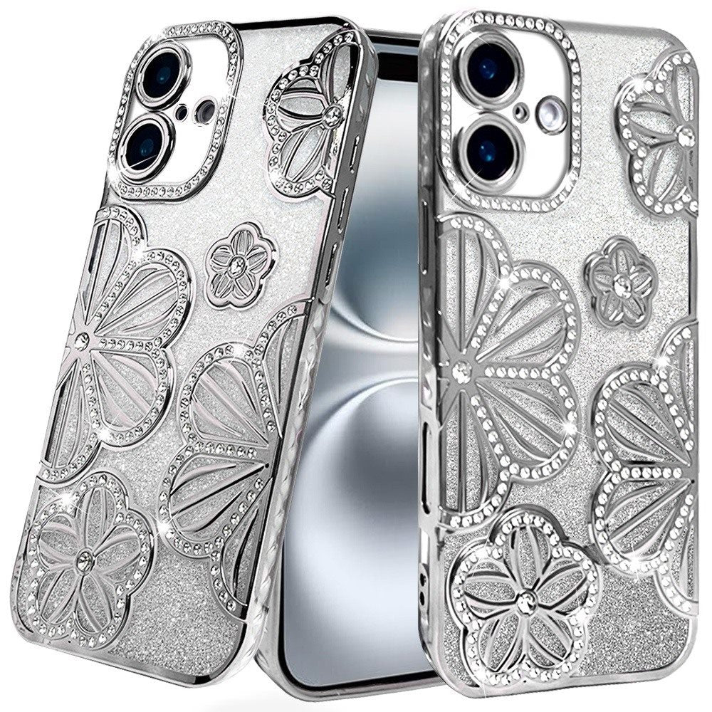 For iPhone 16 6.1inch Case Bling Floral 3D Glitter Phone Cover + Tempered Glass