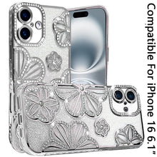 For iPhone 16 6.1inch Case Bling Floral 3D Glitter Phone Cover + Tempered Glass