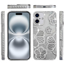 For iPhone 16 6.1inch Case Bling Floral 3D Glitter Phone Cover + Tempered Glass