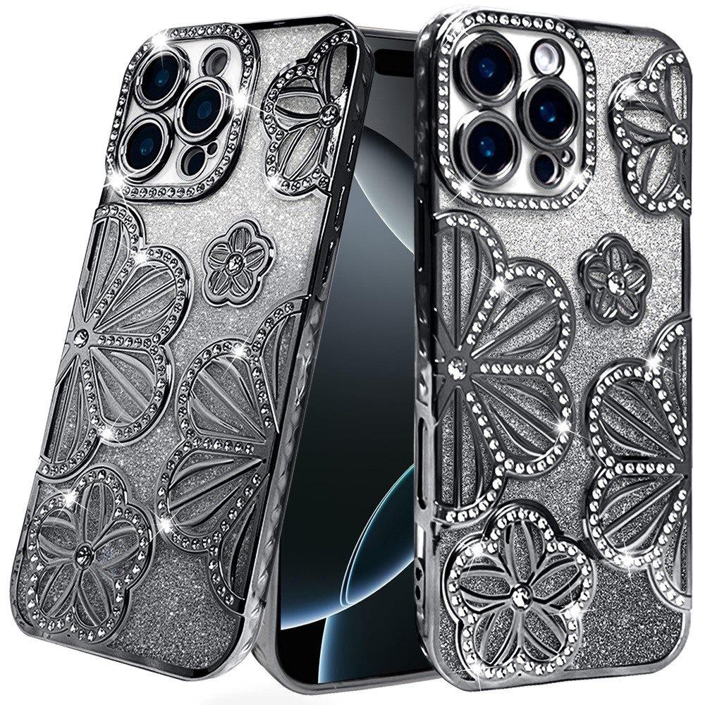 For iPhone 16 Pro 6.3in Case Bling Floral 3D Glitter Phone Cover +Tempered Glass