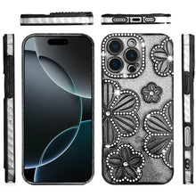 For iPhone 16 Pro 6.3in Case Bling Floral 3D Glitter Phone Cover +Tempered Glass