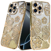 For iPhone 16 Pro 6.3in Case Bling Floral 3D Glitter Phone Cover +Tempered Glass