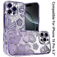 For iPhone 16 Pro 6.3in Case Bling Floral 3D Glitter Phone Cover +Tempered Glass