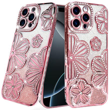 For iPhone 16 Pro 6.3in Case Bling Floral 3D Glitter Phone Cover +Tempered Glass