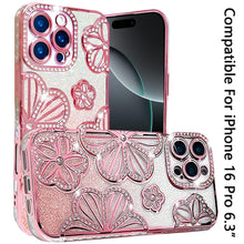 For iPhone 16 Pro 6.3in Case Bling Floral 3D Glitter Phone Cover +Tempered Glass