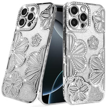 For iPhone 16 Pro 6.3in Case Bling Floral 3D Glitter Phone Cover +Tempered Glass