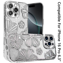 For iPhone 16 Pro 6.3in Case Bling Floral 3D Glitter Phone Cover +Tempered Glass