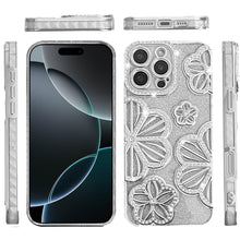 For iPhone 16 Pro 6.3in Case Bling Floral 3D Glitter Phone Cover +Tempered Glass