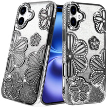 For iPhone 17 Case Bling Floral 3D Glitter on TPU Phone Cover + Tempered Glass
