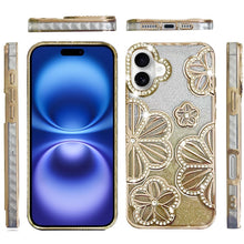 For iPhone 17 Case Bling Floral 3D Glitter on TPU Phone Cover + Tempered Glass