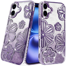 For iPhone 17 Case Bling Floral 3D Glitter on TPU Phone Cover + Tempered Glass