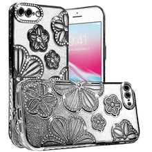 For iPhone 8 Plus/7 Plus Case Bling Floral 3D Glitter Cover + Tempered Glass