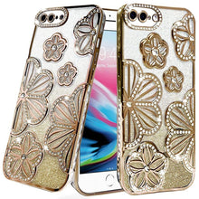 For iPhone 8 Plus/7 Plus Case Bling Floral 3D Glitter Cover + Tempered Glass