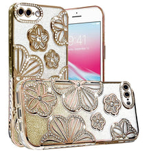 For iPhone 8 Plus/7 Plus Case Bling Floral 3D Glitter Cover + Tempered Glass