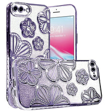 For iPhone 8 Plus/7 Plus Case Bling Floral 3D Glitter Cover + Tempered Glass