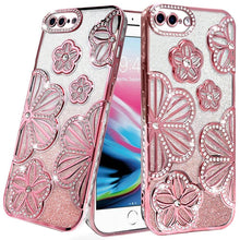 For iPhone 8 Plus/7 Plus Case Bling Floral 3D Glitter Cover + Tempered Glass