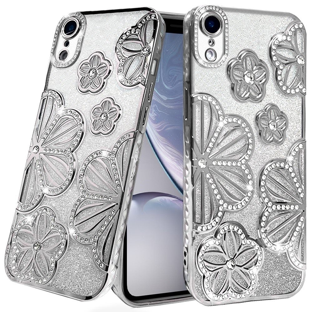 For iPhone XR Case Bling Floral 3D Glitter Rhinestone Cover + Tempered Glass