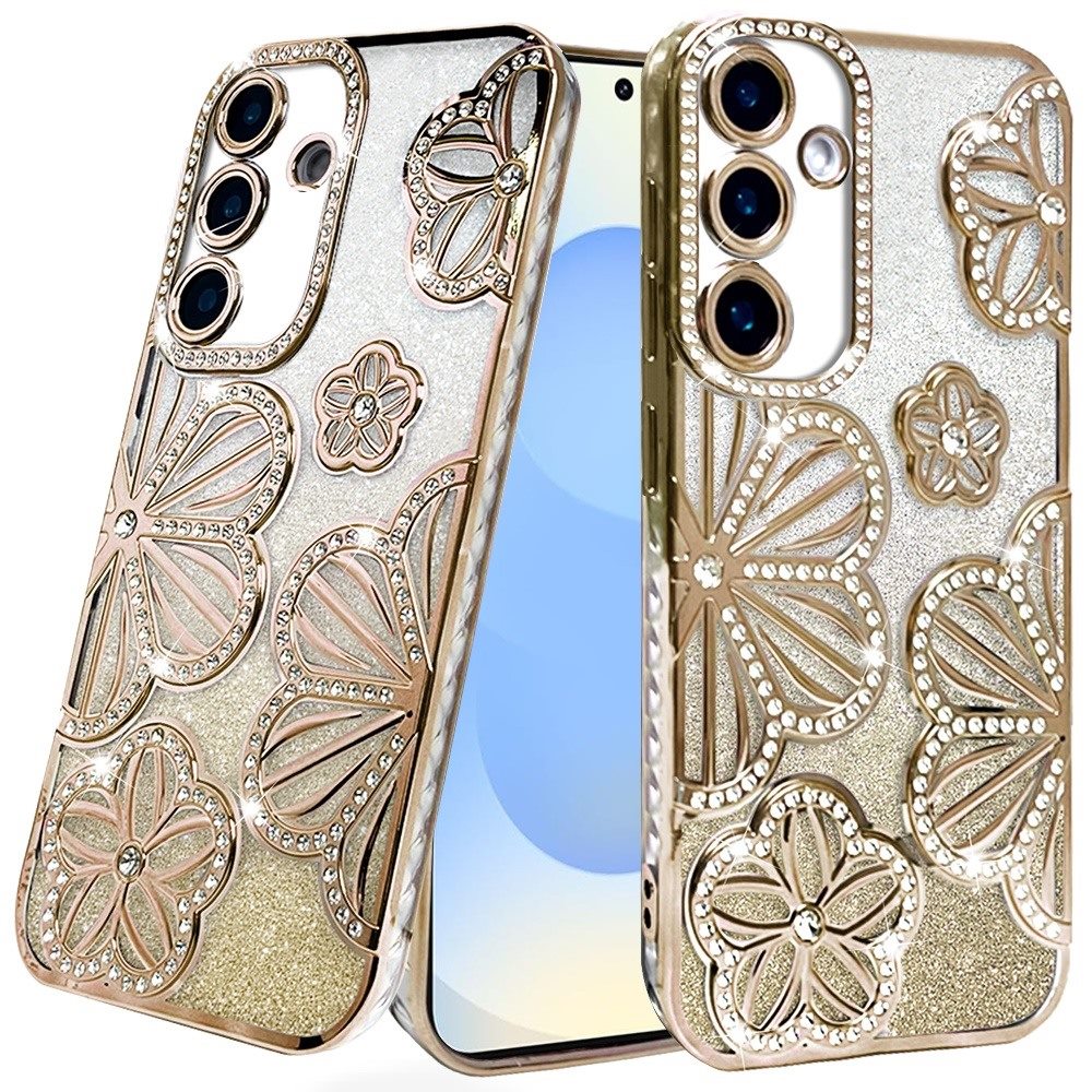 For Samsung S25/S24 Case Bling Floral 3D Glitter Phone Cover + Tempered Glass