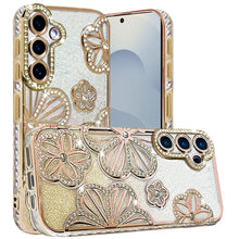 For Samsung S26 6.3" Case Bling Floral 3D Glitter Phone Cover + Tempered Glass
