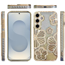 For Samsung S26 6.3" Case Bling Floral 3D Glitter Phone Cover + Tempered Glass