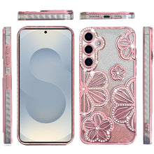 For Samsung S26 6.3" Case Bling Floral 3D Glitter Phone Cover + Tempered Glass