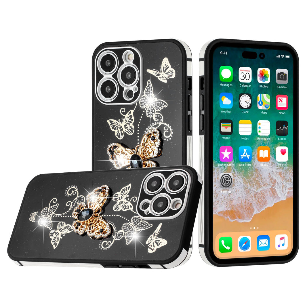 For iPhone 14 PRO Case 3D Butterfly Charm Rhinestones Bling TPU Phone Cover
