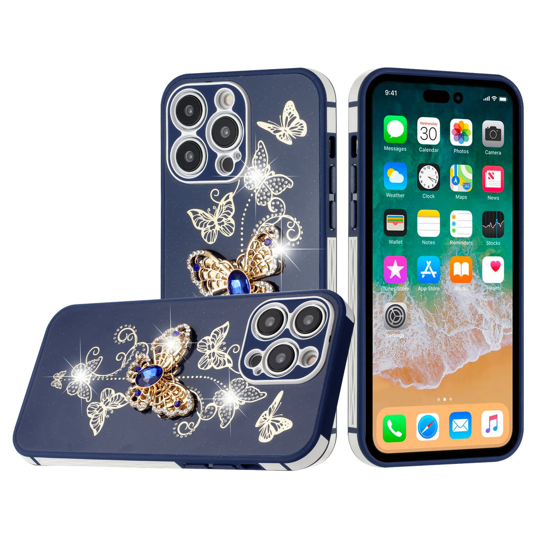 For iPhone 14 PRO Case 3D Butterfly Charm Rhinestones Bling TPU Phone Cover