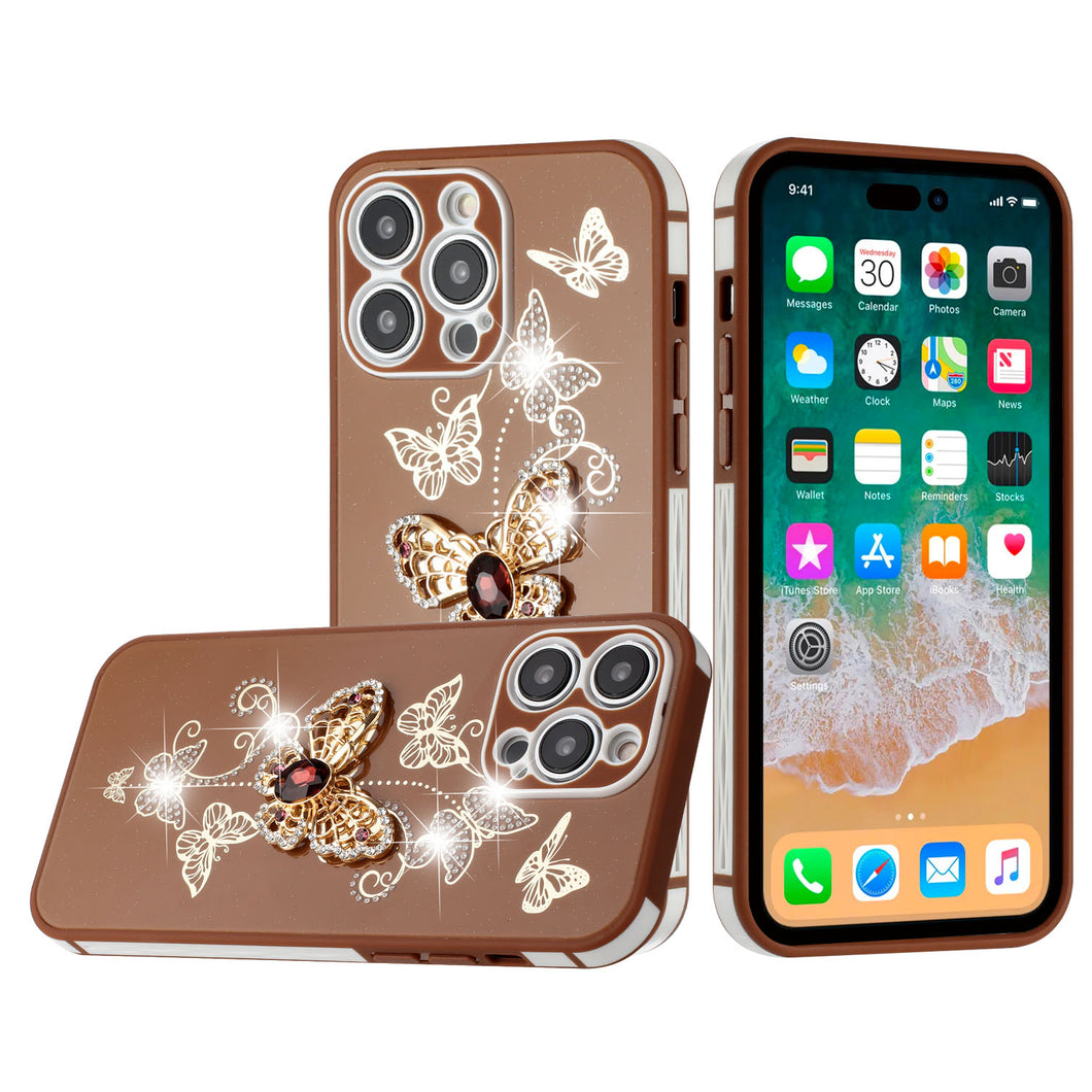 For iPhone 14 PRO Case 3D Butterfly Charm Rhinestones Bling TPU Phone Cover