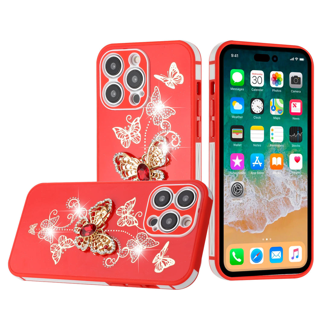 For iPhone 14 PRO Case 3D Butterfly Charm Rhinestones Bling TPU Phone Cover