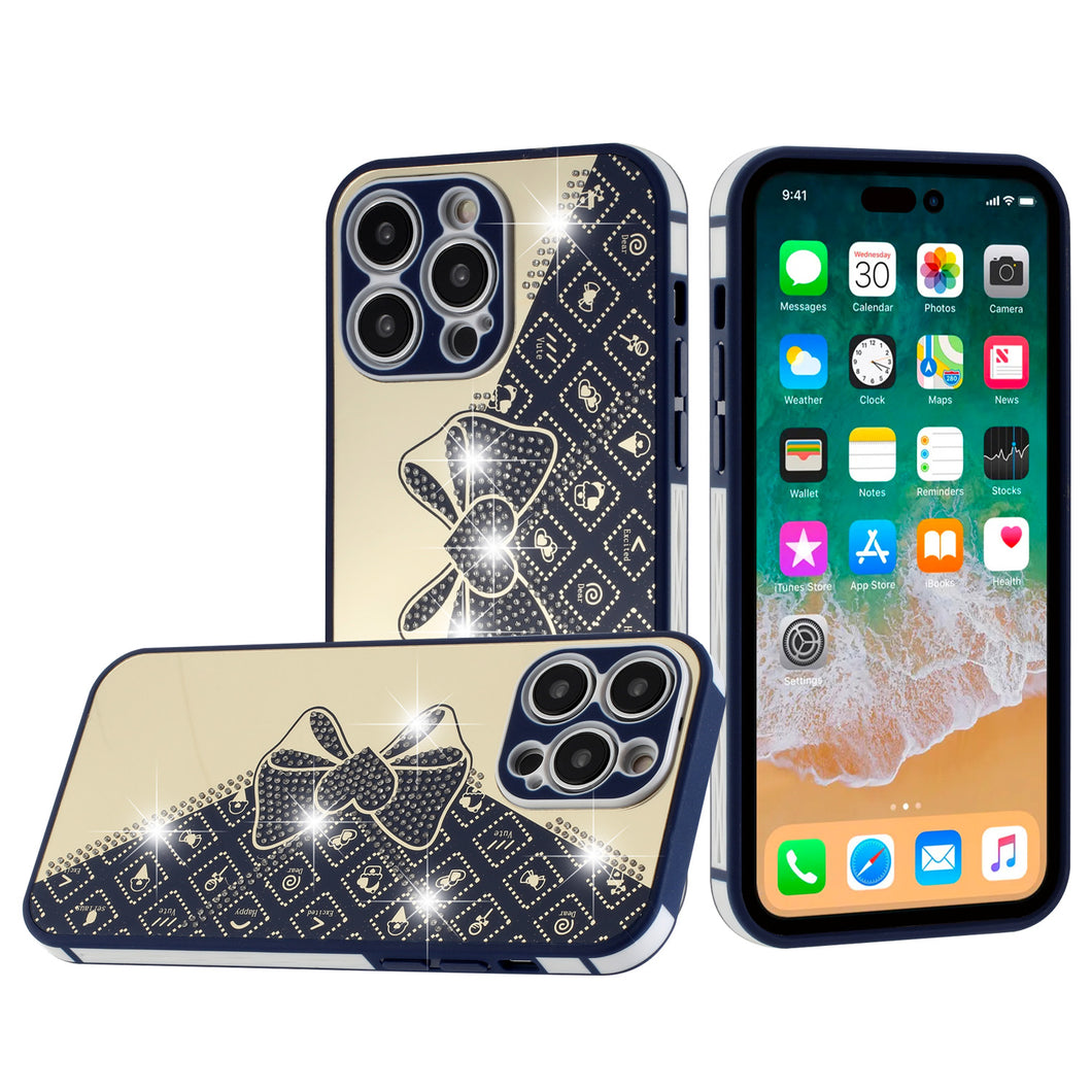 For iPhone 14 PRO Case Crystal Studs Heart and Bow Design TPU Phone Cover
