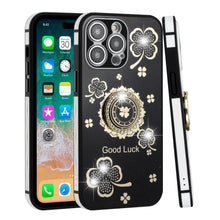 For iPhone 14 PRO Case Crystal Studdded Clover with Bling Ring Stand Phone Cover