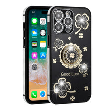 For iPhone 14 PRO Case Crystal Studdded Clover with Bling Ring Stand Phone Cover