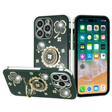 For iPhone 14 PRO Case Crystal Studdded Clover with Bling Ring Stand Phone Cover