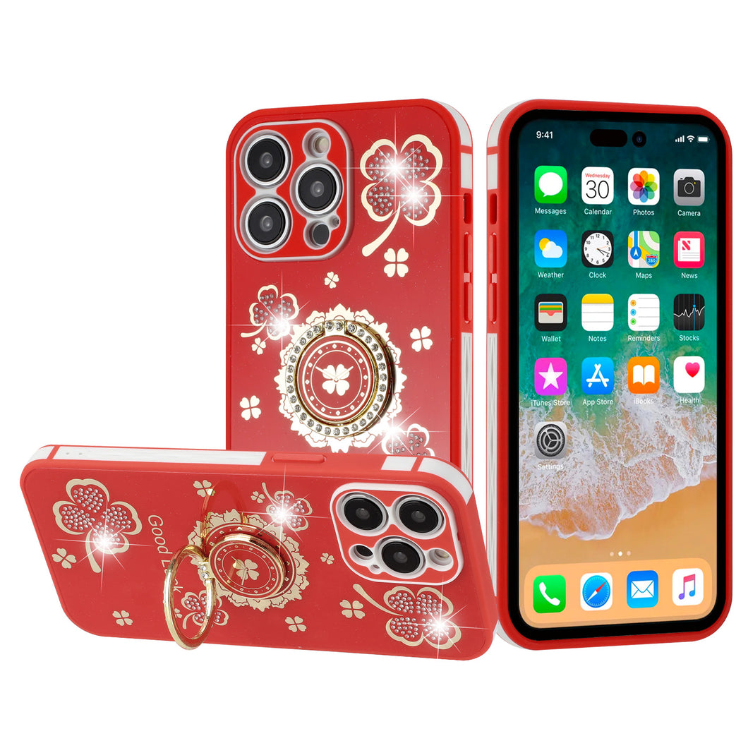 For iPhone 14 PRO Case Crystal Studdded Clover with Bling Ring Stand Phone Cover