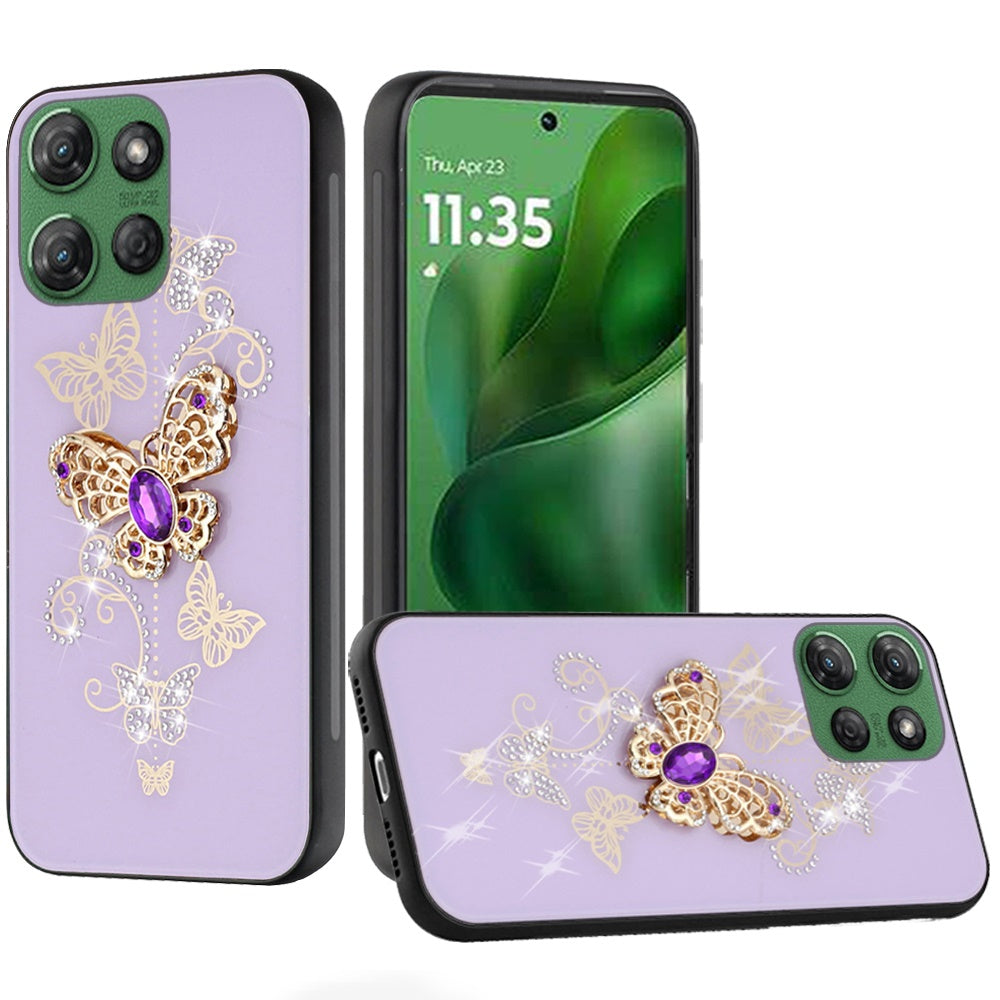 For Moto G Power 2025 Case Diamond Charms Glitter Bling Cover + Tempered Glass
