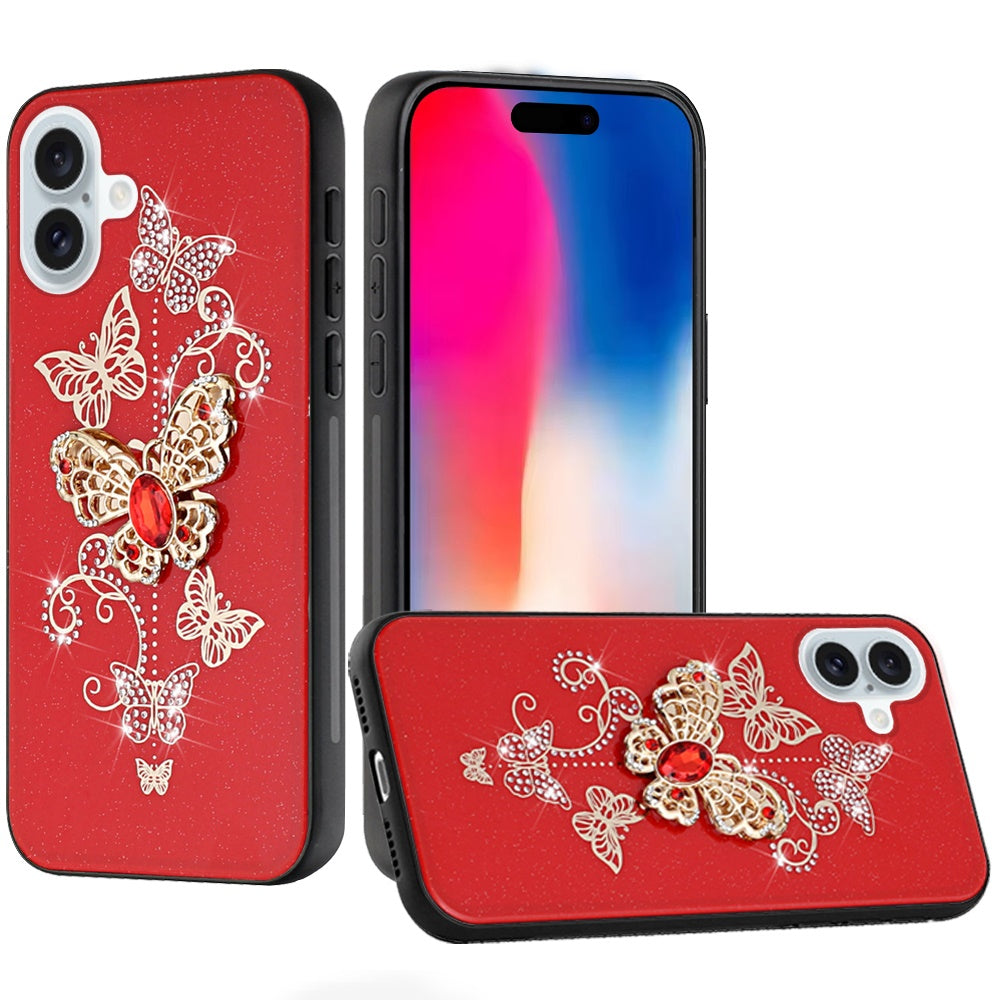 For iPhone 16 6.1inch Case Rhinestone Bling Decor Glitter Cover + Tempered Glass