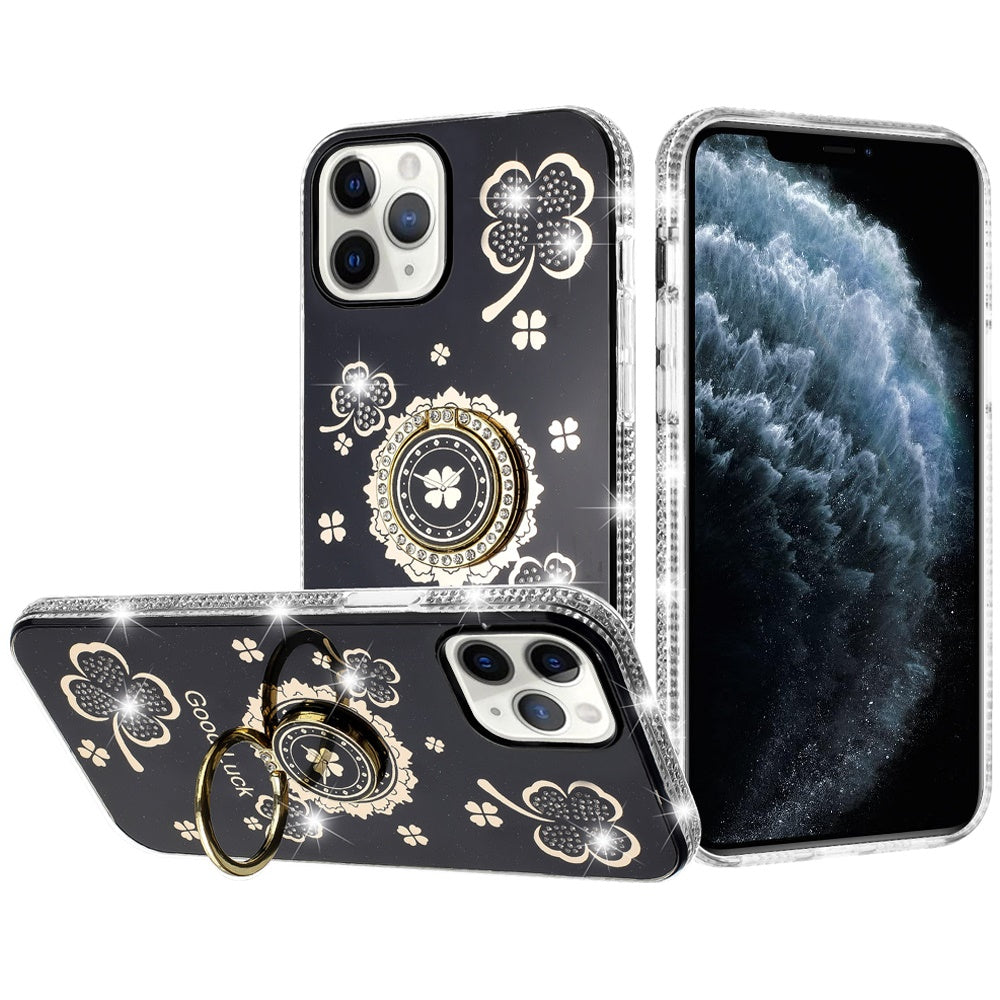 For iPhone 11 Pro Max Case Crystal Studded Ring Stand Bling + Tempered Glass