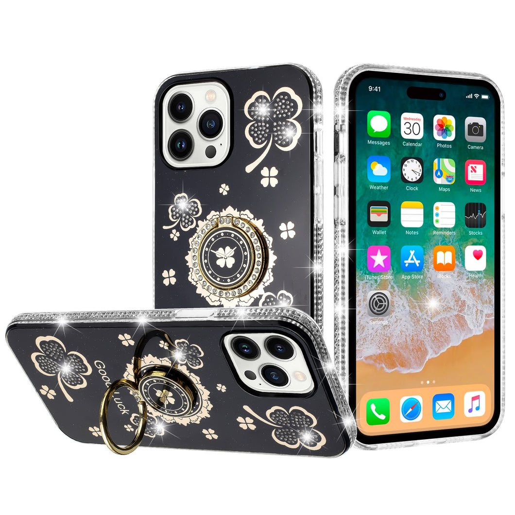 For iPhone 11 6.1 in. Case Crystal Studded Ring Stand Bling + Tempered Glass