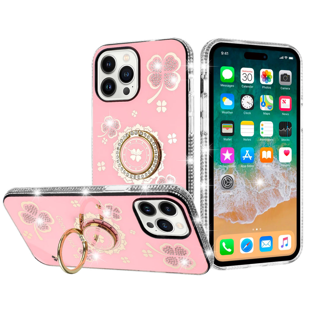 For iPhone 11 6.1 in. Case Crystal Studded Ring Stand Bling + Tempered Glass
