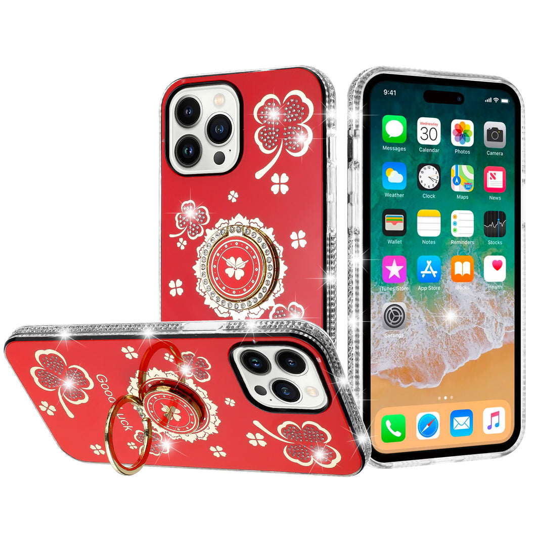 For iPhone 11 6.1 in. Case Crystal Studded Ring Stand Bling + Tempered Glass