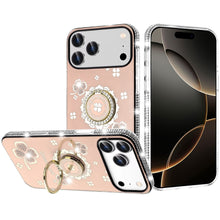 For iPhone 17 Pro Max Case Crystal Studded Ring Stand Bling + Tempered Glass