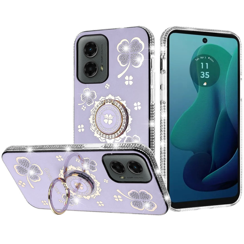 For Moto G 5G (2024) Case Glitter Clover Design Crystal Ring + Tempered Glass