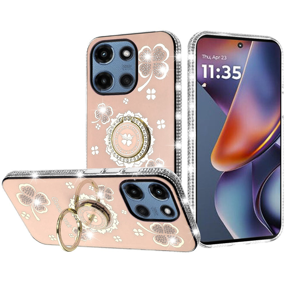 For Moto G 2025 Case Crystal Studded Ringstand Bling Cover + Tempered Glass